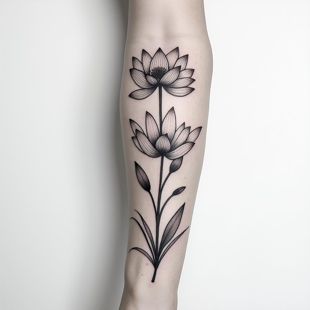 Tattoo on the forearm with the name Livio and the date of birth 05/03/2024 as well as a lotus flower and a few lotuses quite dense and contrasted.minimalist text-based tattoo, Monospace font ultra-realistic, perfectly placed, high-quality font design, photo-realistic shading, 8k, high quality, finely detailed typograph