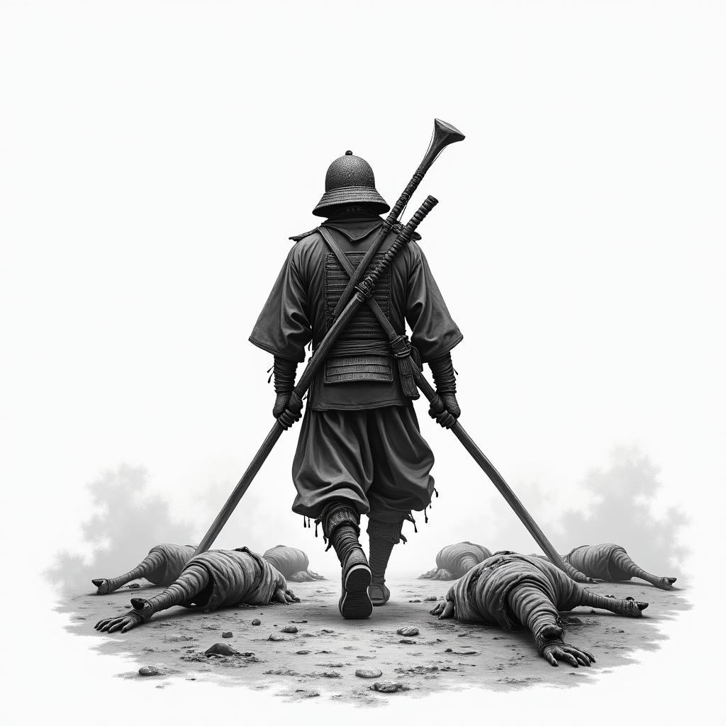 Last japanese soldier on a battlefield, walking away with the bodies behind himin japanese style tattoo, detailed tattoo, traditional japanese culture tattoo, mythology, 8k