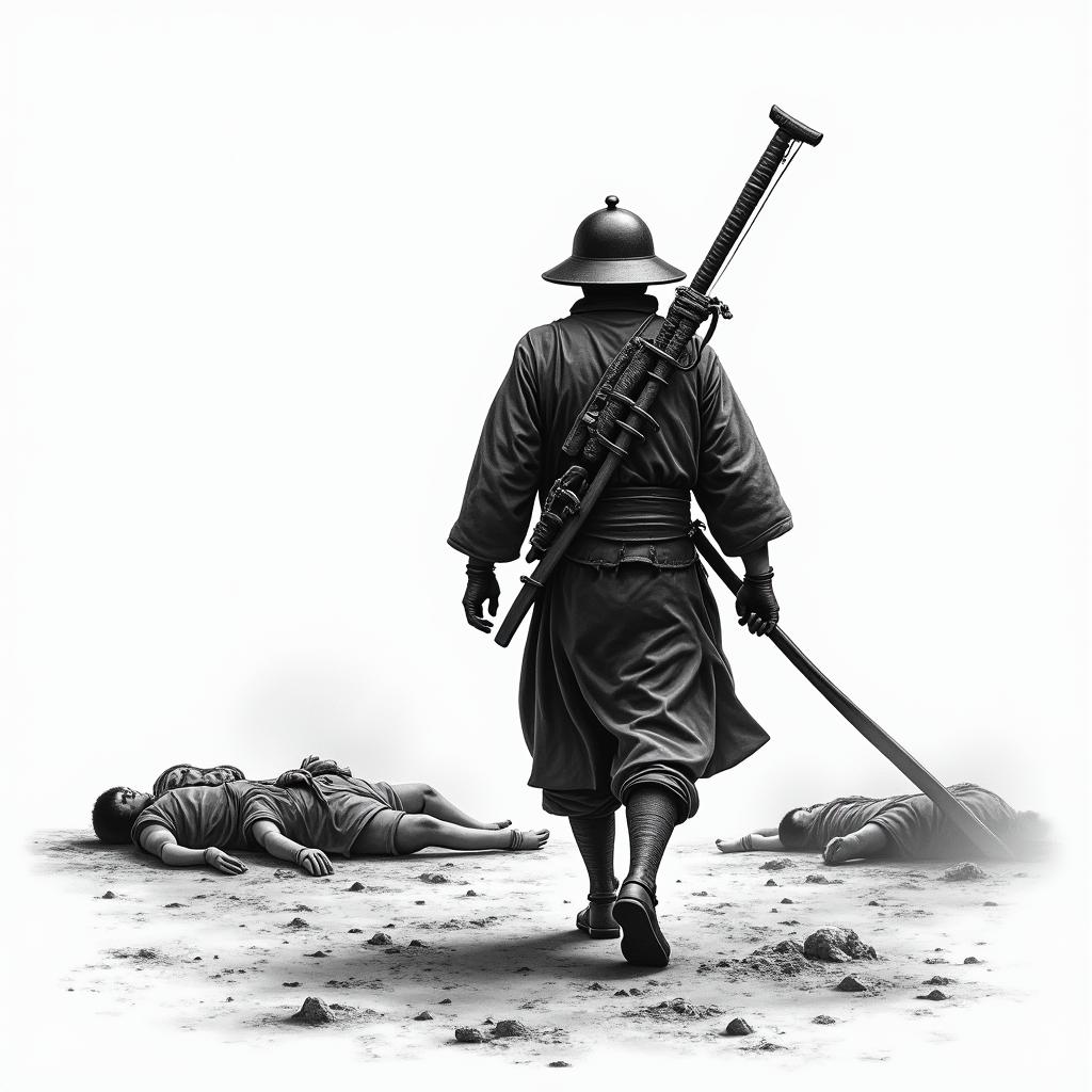 Last japanese soldier on a battlefield, walking away with the bodies behind himin japanese style tattoo, detailed tattoo, traditional japanese culture tattoo, mythology, 8k - Variation 2