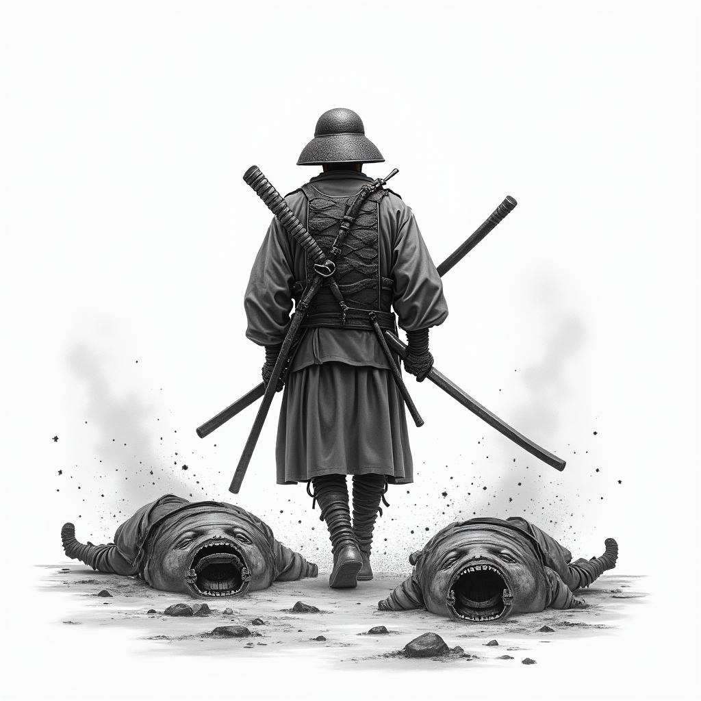 Last japanese soldier on a battlefield, walking away with the bodies behind himin japanese style tattoo, detailed tattoo, traditional japanese culture tattoo, mythology, 8k - Variation 4