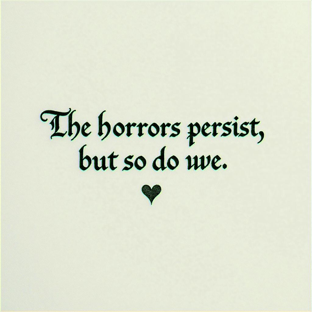 The horrors persist but so do weminimalist text-based tattoo, Monospace font ultra-realistic, perfectly placed, high-quality font design, photo-realistic shading, 8k, high quality, finely detailed typograph - Variation 4