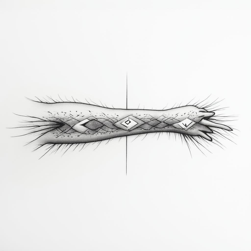 The word φιλότιμο stretched horizontally across my inner forearm with river streams around itin minimalist style tattoo, featuring simple shapes and fine lines, with minimal shading and details, tiny triangles, creating a sense of balance and harmony - Variation 1