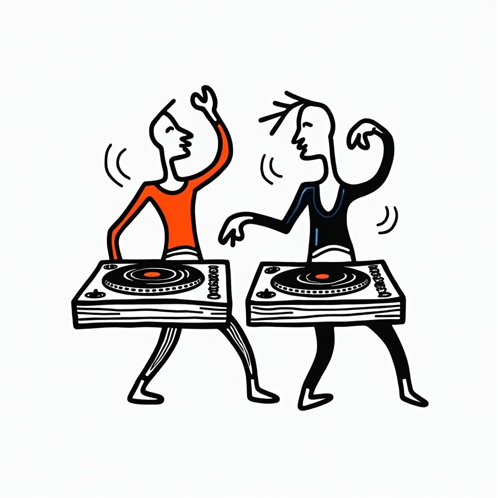 2 turn tables, vinyl recordsabstract dancing figures in Keith Haring style, featuring bold black outlines and solid color fills, figures posed in dynamic and playful dance movements, minimalist design - Variation 3