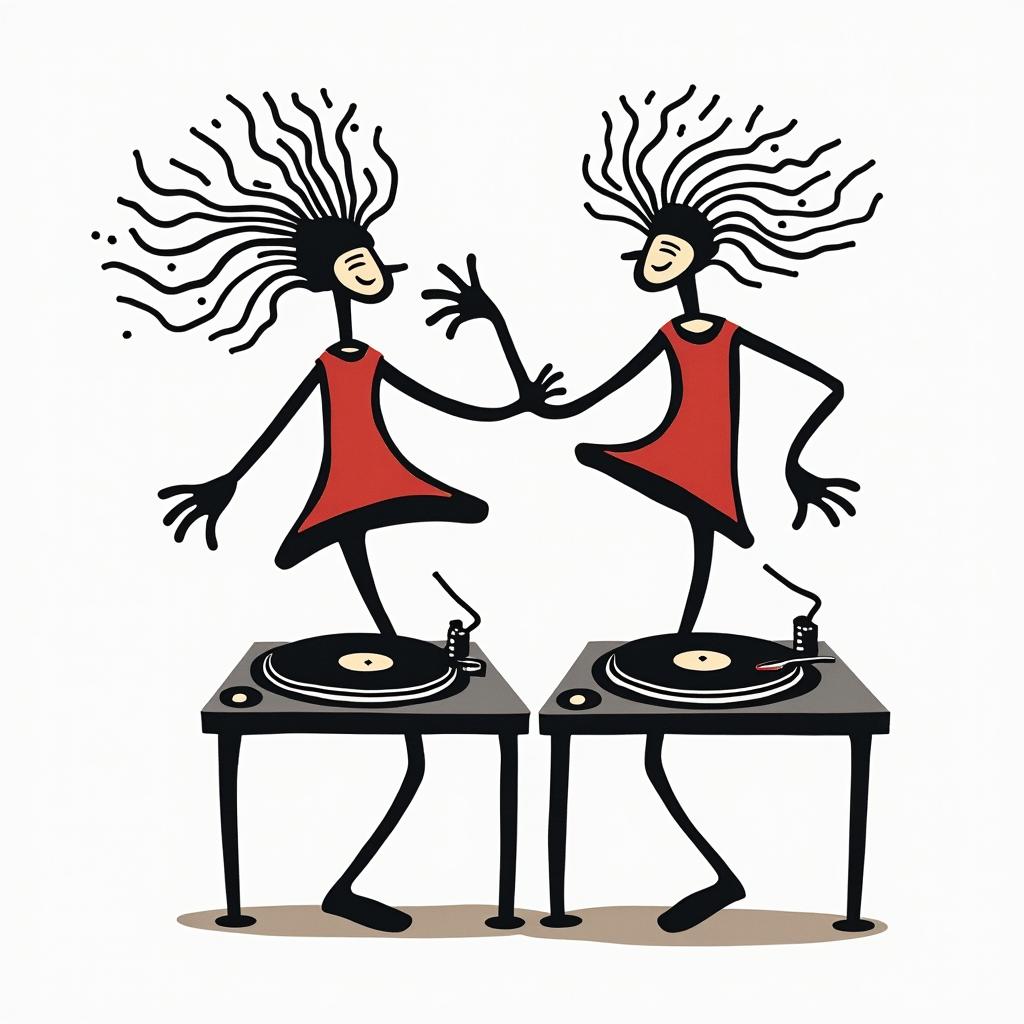 2 turn tables, vinyl recordsabstract dancing figures in Keith Haring style, featuring bold black outlines and solid color fills, figures posed in dynamic and playful dance movements, minimalist design - Variation 4