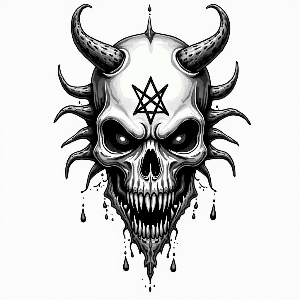 Rick and mortycreepy horror tattoo style, featuring an eerie and unsettling skull of a demonic creature, distorted face with sharp fangs, add pentagram symbol - Variation 4