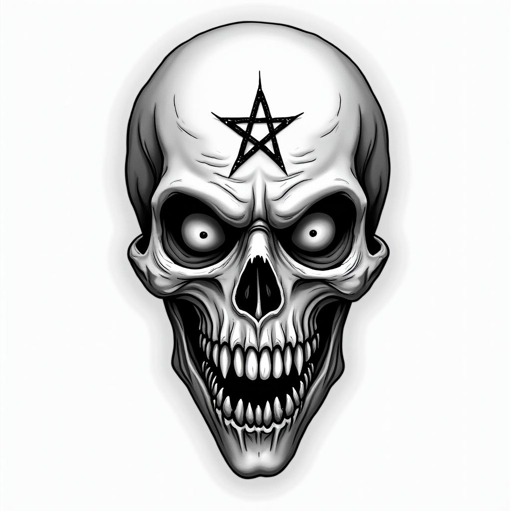 Rick and mortycreepy horror tattoo style, featuring an eerie and unsettling skull of a demonic creature, distorted face with sharp fangs, add pentagram symbol