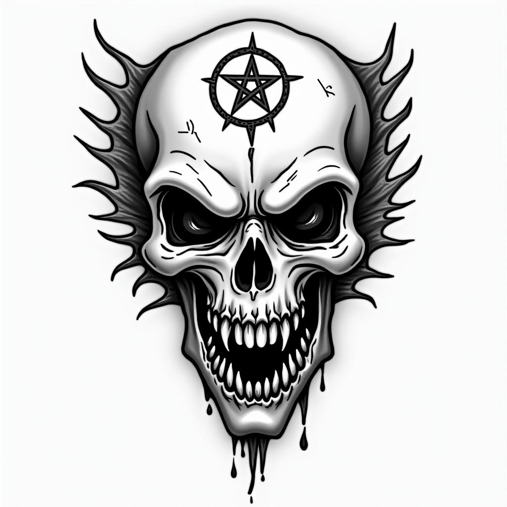 Rick and mortycreepy horror tattoo style, featuring an eerie and unsettling skull of a demonic creature, distorted face with sharp fangs, add pentagram symbol - Variation 3