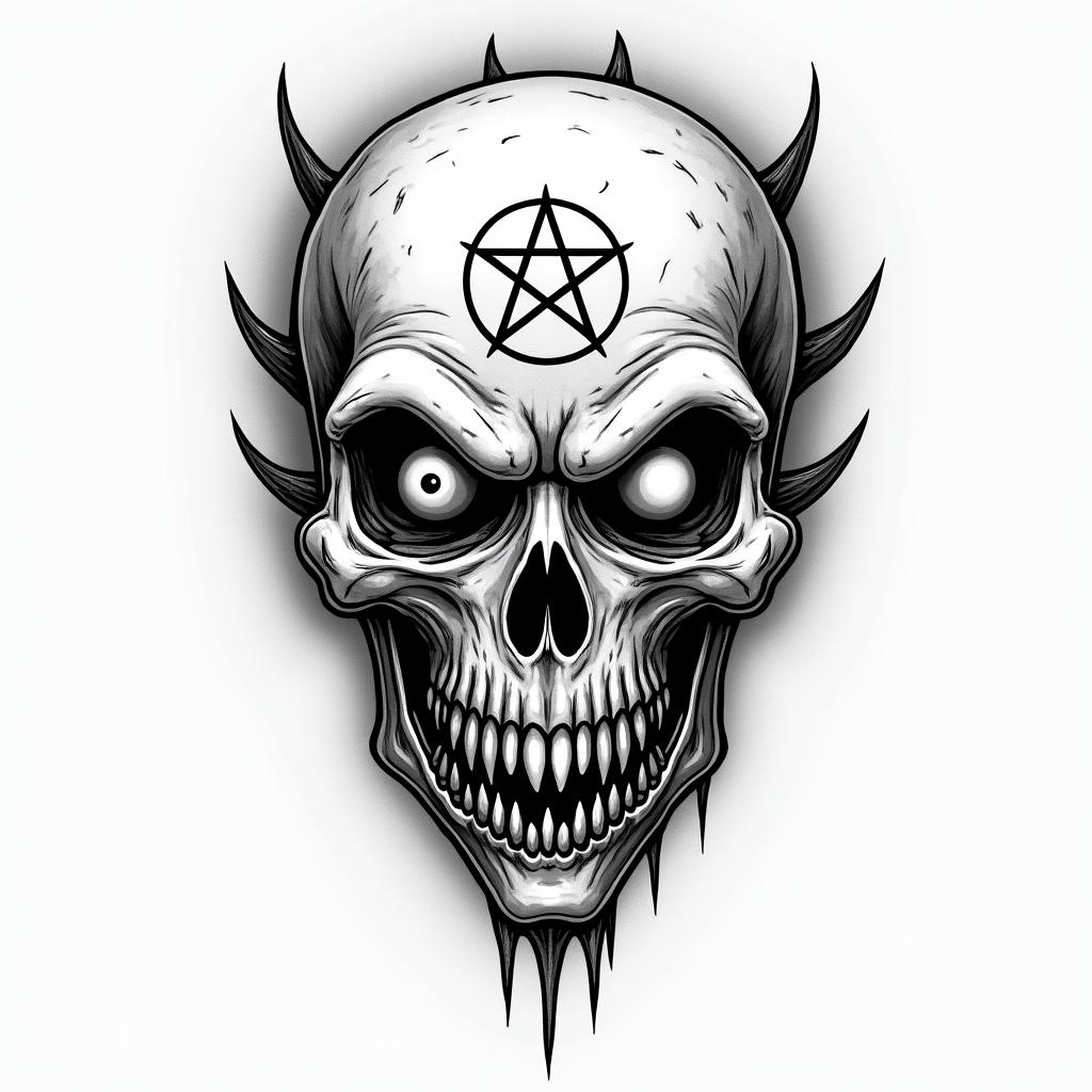 Rick and mortycreepy horror tattoo style, featuring an eerie and unsettling skull of a demonic creature, distorted face with sharp fangs, add pentagram symbol - Variation 2