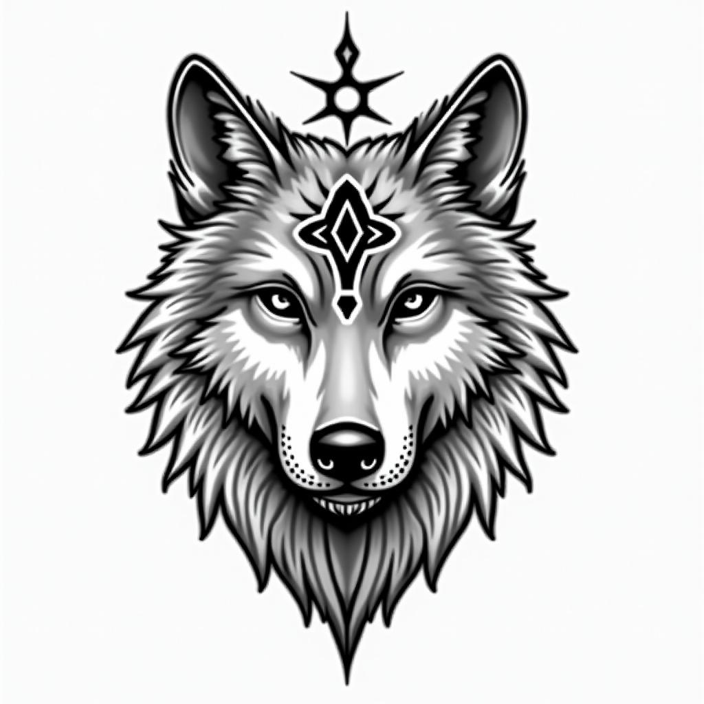 a wolf defends the heartin spiritual symbols tattoo style, featuring an intricate design incorporating elements, Hamsa hand, third eye, minimalist composition - Variation 4