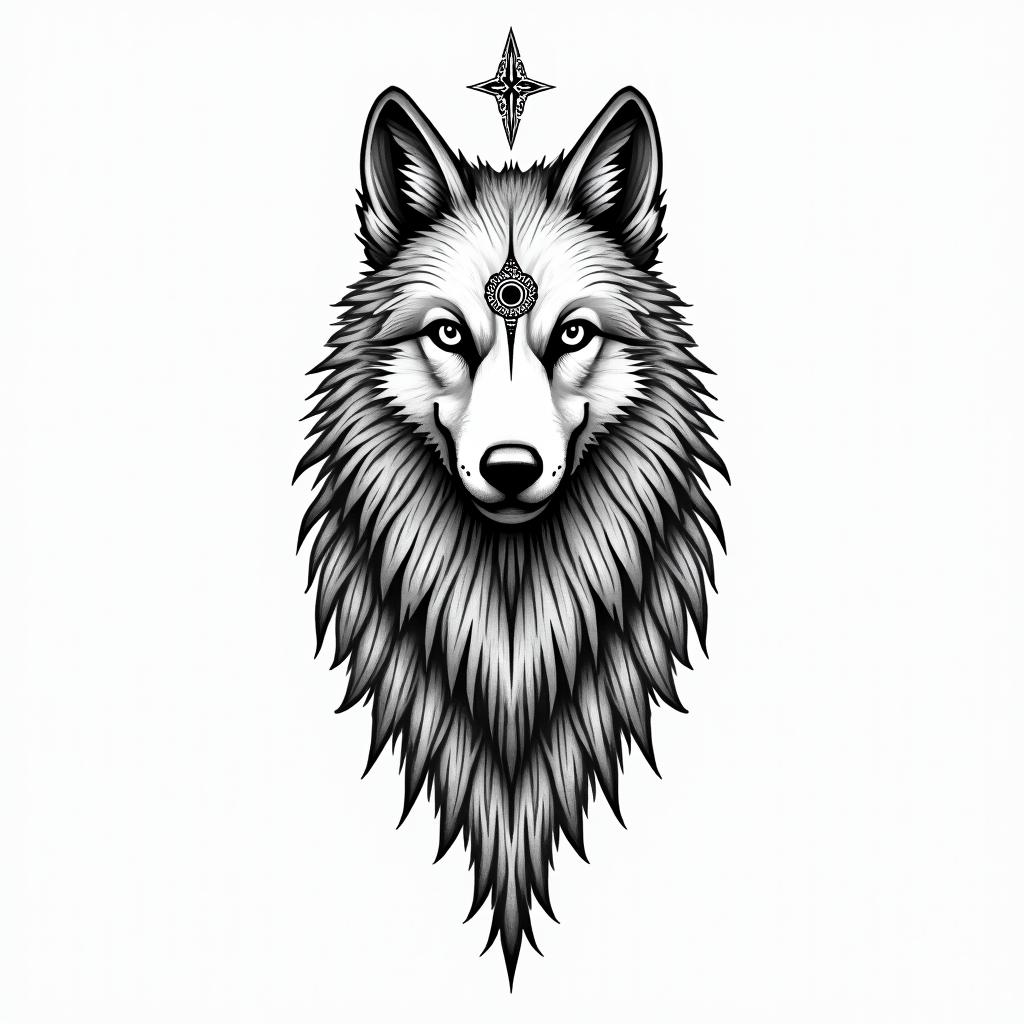 a wolf defends the heartin spiritual symbols tattoo style, featuring an intricate design incorporating elements, Hamsa hand, third eye, minimalist composition