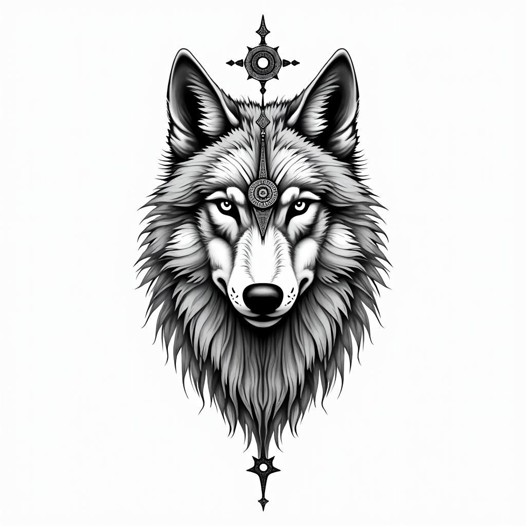 a wolf defends the heartin spiritual symbols tattoo style, featuring an intricate design incorporating elements, Hamsa hand, third eye, minimalist composition - Variation 2