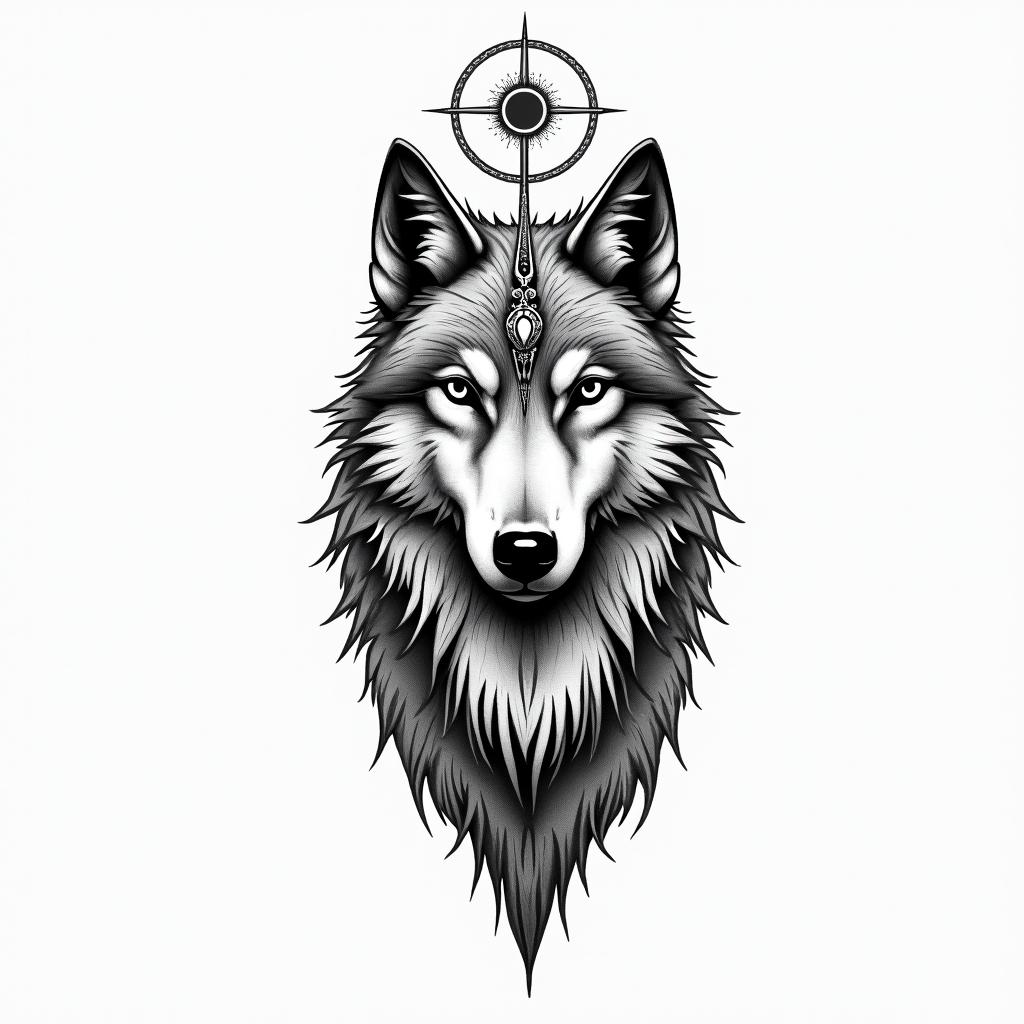 a wolf defends the heartin spiritual symbols tattoo style, featuring an intricate design incorporating elements, Hamsa hand, third eye, minimalist composition - Variation 3