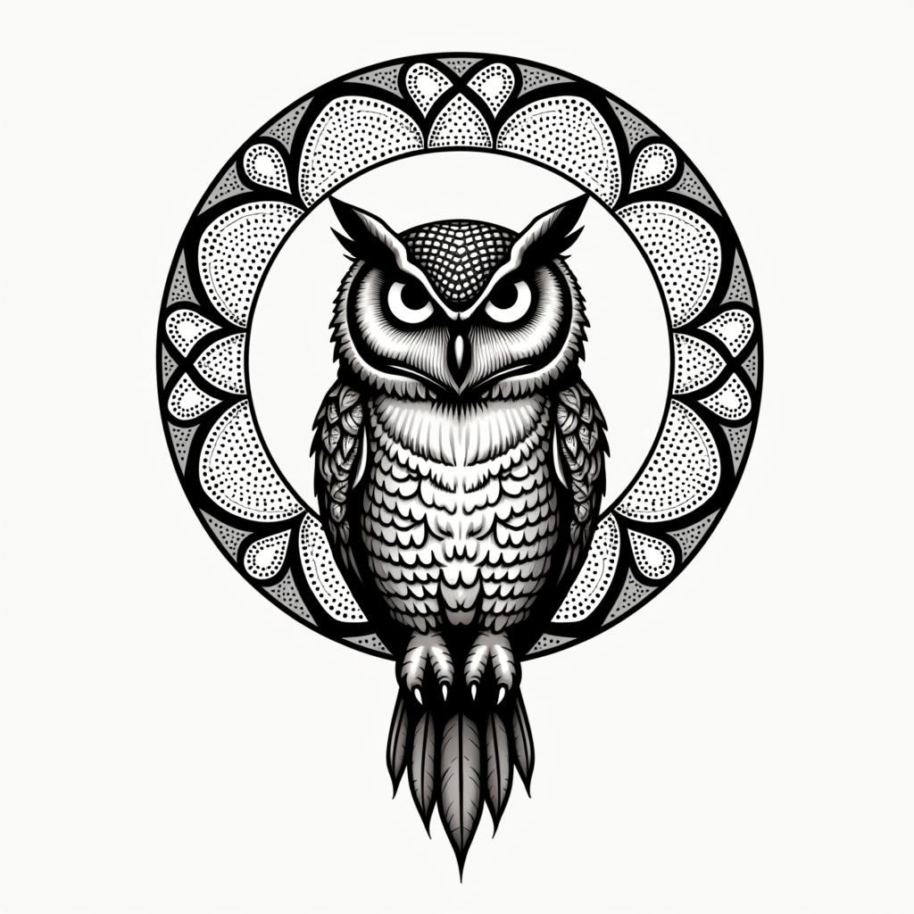 Owl in the full moonin dotwork style tattoo, complex mandala patterns, interlocking geometric shapes with sharp symmetry, clean lines, sharp angles - Variation 3