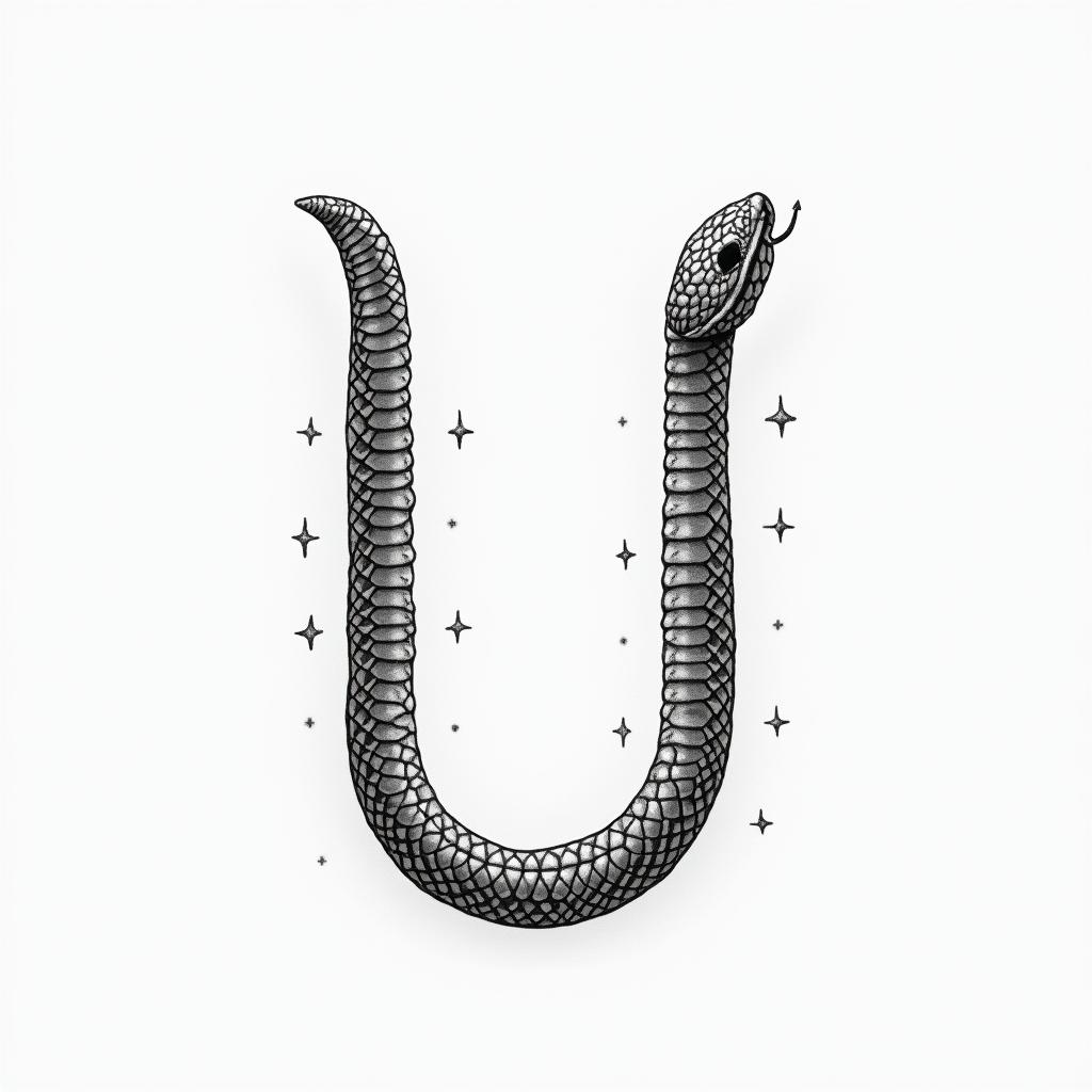 Snake u shapedin minimalist style tattoo, featuring simple shapes and fine lines, with minimal shading and details, tiny triangles, creating a sense of balance and harmony - Variation 3