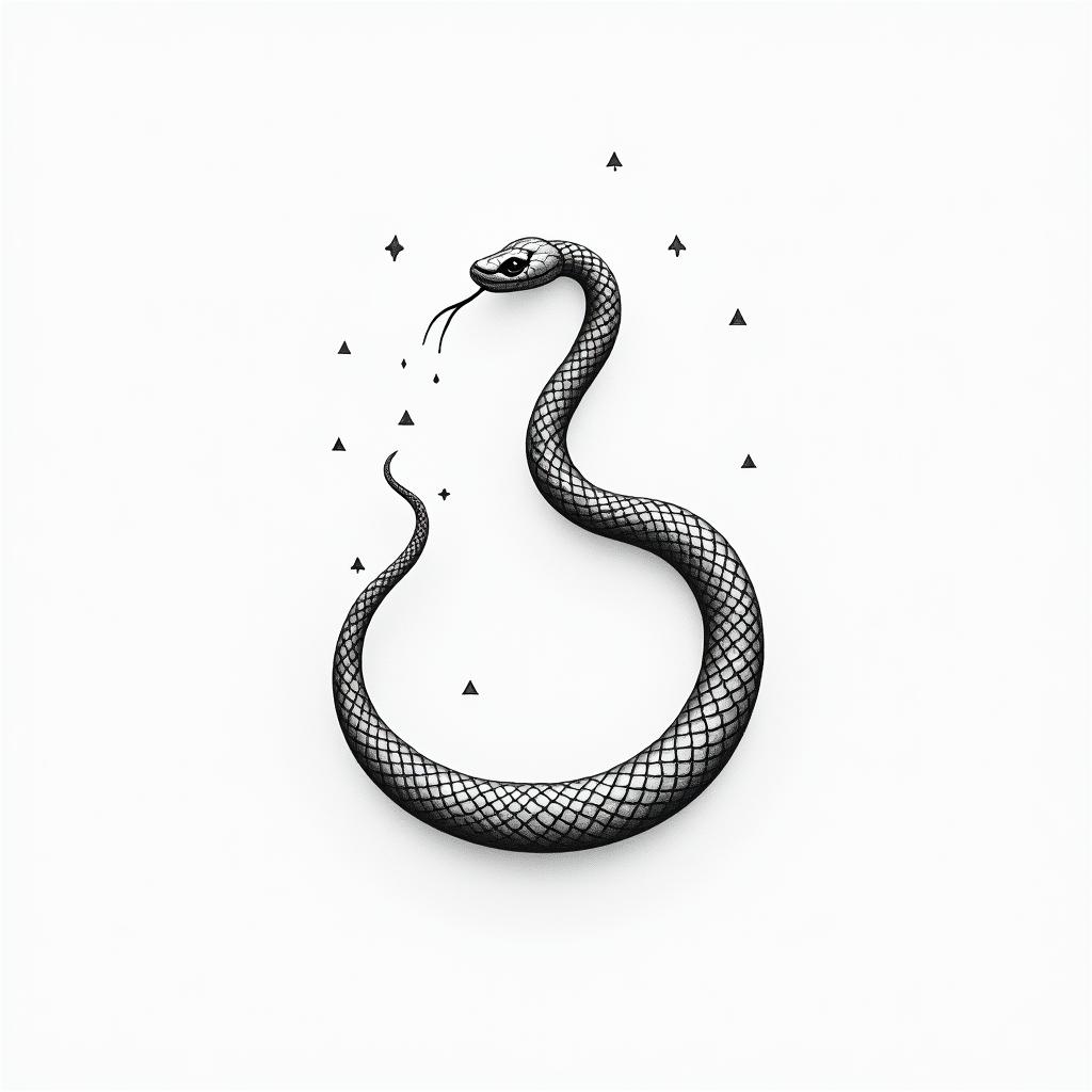 Snake u shapedin minimalist style tattoo, featuring simple shapes and fine lines, with minimal shading and details, tiny triangles, creating a sense of balance and harmony