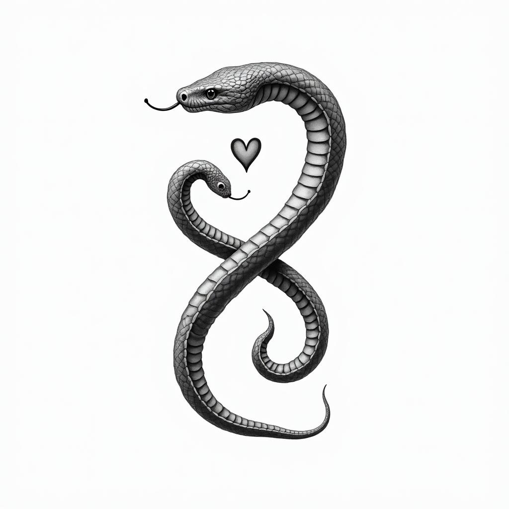 Snake u shapedin Modest style tattoo, featuring soft, delicate line work with simple and meaningful symbols, gentle waves, a heart, evoking a sense of serenity and grace, - Variation 3