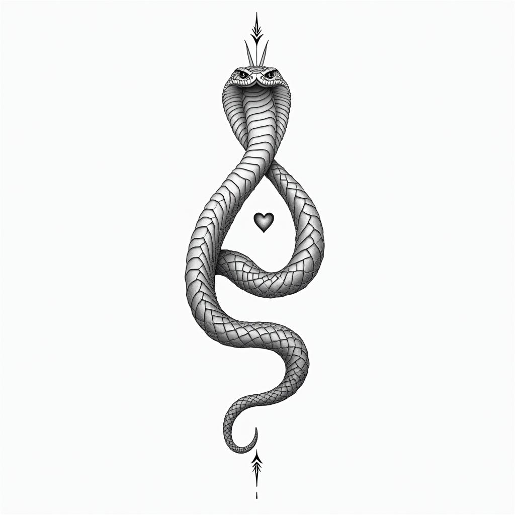 Snake u shapedin Modest style tattoo, featuring soft, delicate line work with simple and meaningful symbols, gentle waves, a heart, evoking a sense of serenity and grace, - Variation 2