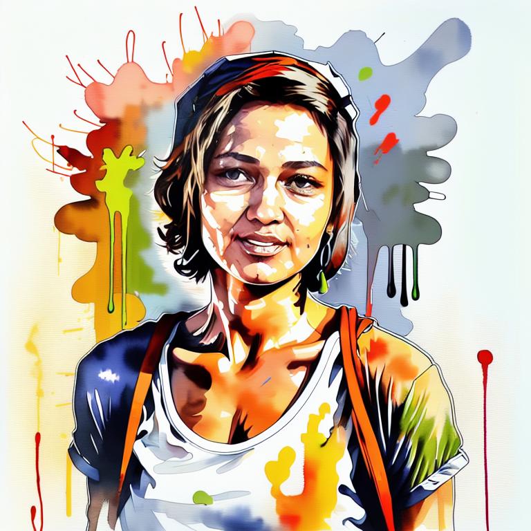  vibrant watercolor portrait with graffiti style face, fully white background, ,face with soft blending of warm and cool tones (orange, yellow, green),using shades of colors, contrast between light and shadow on the face, Bold color splashes and abstract drips in the background for a dynamic, artistic vibe, highly detailed tattoo, fully white background , dskinkpunkundefined - Variation 57