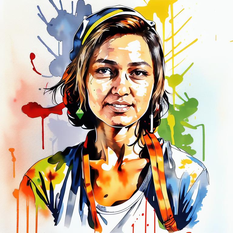  vibrant watercolor portrait with graffiti style face, fully white background, ,face with soft blending of warm and cool tones (orange, yellow, green),using shades of colors, contrast between light and shadow on the face, Bold color splashes and abstract drips in the background for a dynamic, artistic vibe, highly detailed tattoo, fully white background , dskinkpunkundefined - Variation 59