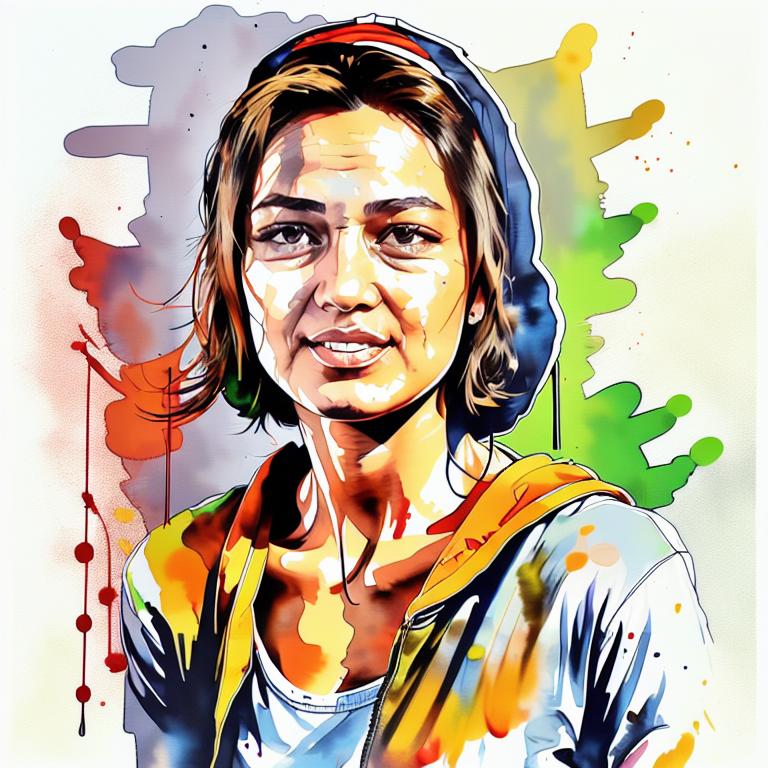  vibrant watercolor portrait with graffiti style face, fully white background, ,face with soft blending of warm and cool tones (orange, yellow, green),using shades of colors, contrast between light and shadow on the face, Bold color splashes and abstract drips in the background for a dynamic, artistic vibe, highly detailed tattoo, fully white background , dskinkpunkundefined - Variation 58