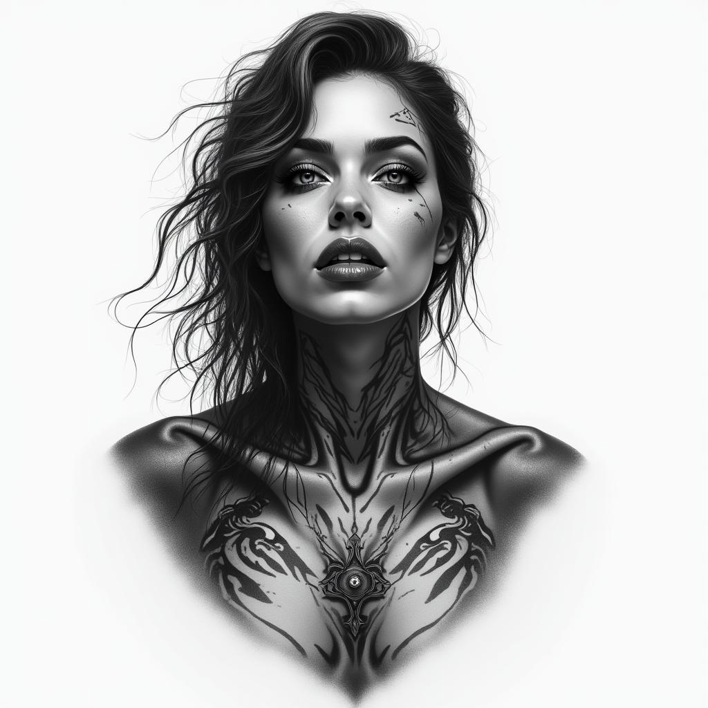 Apocalypse, strong, woman, survivor, pretty, invinciblein realism tattoo style, featuring a highly detailed, lifelike, capturing every detail, photorealistic, ultra realistic, intricate shading, smooth and sharp,   - Variation 4