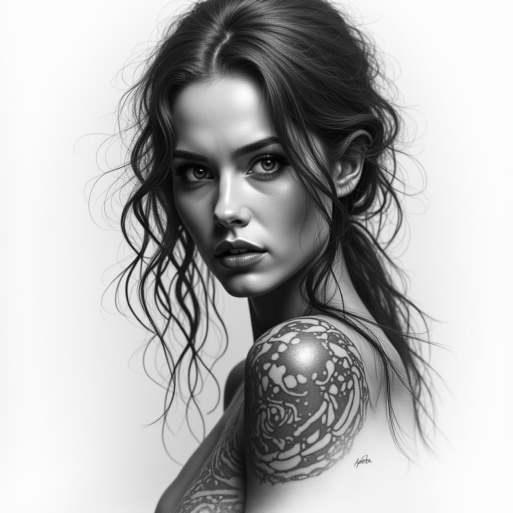 Apocalypse, strong, woman, survivor, pretty, invinciblein realism tattoo style, featuring a highly detailed, lifelike, capturing every detail, photorealistic, ultra realistic, intricate shading, smooth and sharp,   - Variation 3