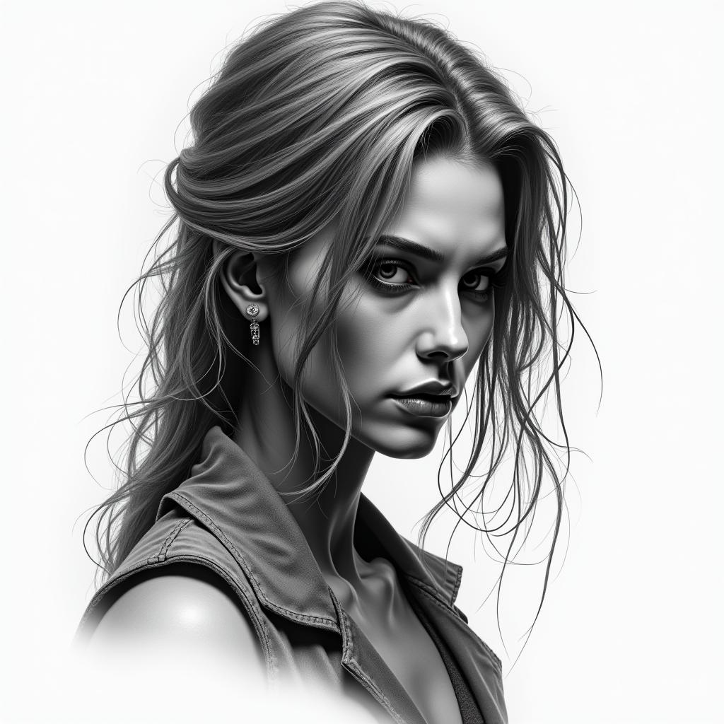 Apocalypse, strong, woman, survivor, pretty, invinciblein realism tattoo style, featuring a highly detailed, lifelike, capturing every detail, photorealistic, ultra realistic, intricate shading, smooth and sharp,   - Variation 2