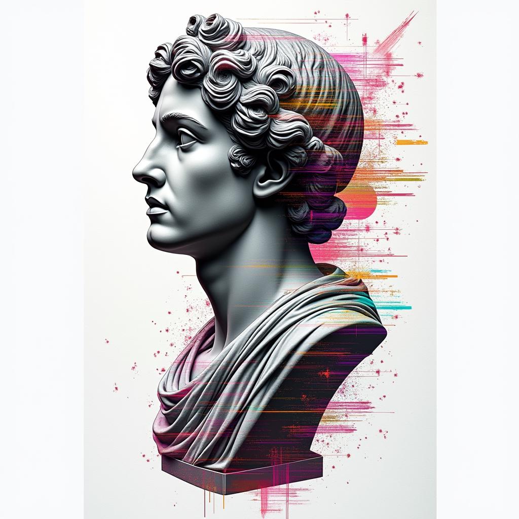“Sounds by Sanchez” with vinyl record and music notesin distorted and fragmented tattoo design, featuring a classical statue bust, in a glitch art style with vibrant, overlapping colors of cyan, magenta, and yellow, creating a digital distortion effect - Variation 2