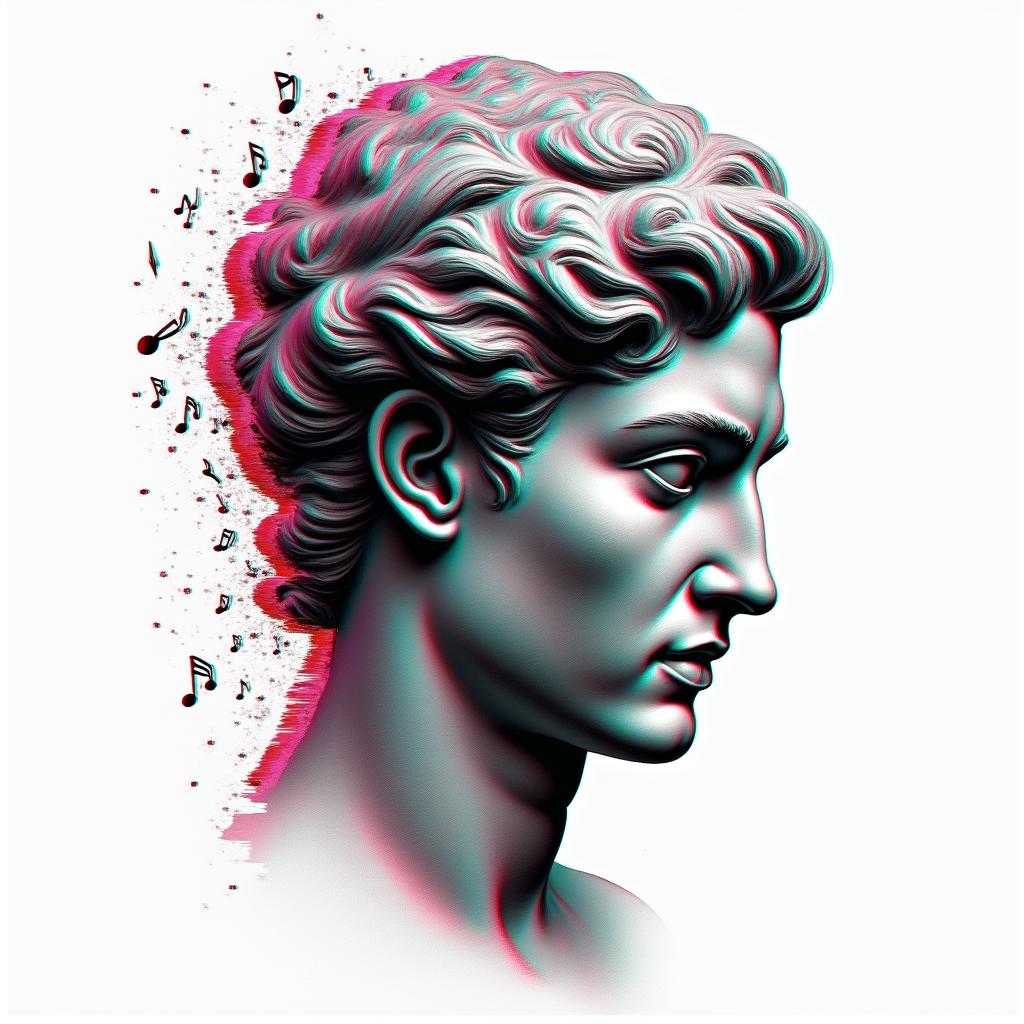 “Sounds by Sanchez” with vinyl record and music notesin distorted and fragmented tattoo design, featuring a classical statue bust, in a glitch art style with vibrant, overlapping colors of cyan, magenta, and yellow, creating a digital distortion effect - Variation 3