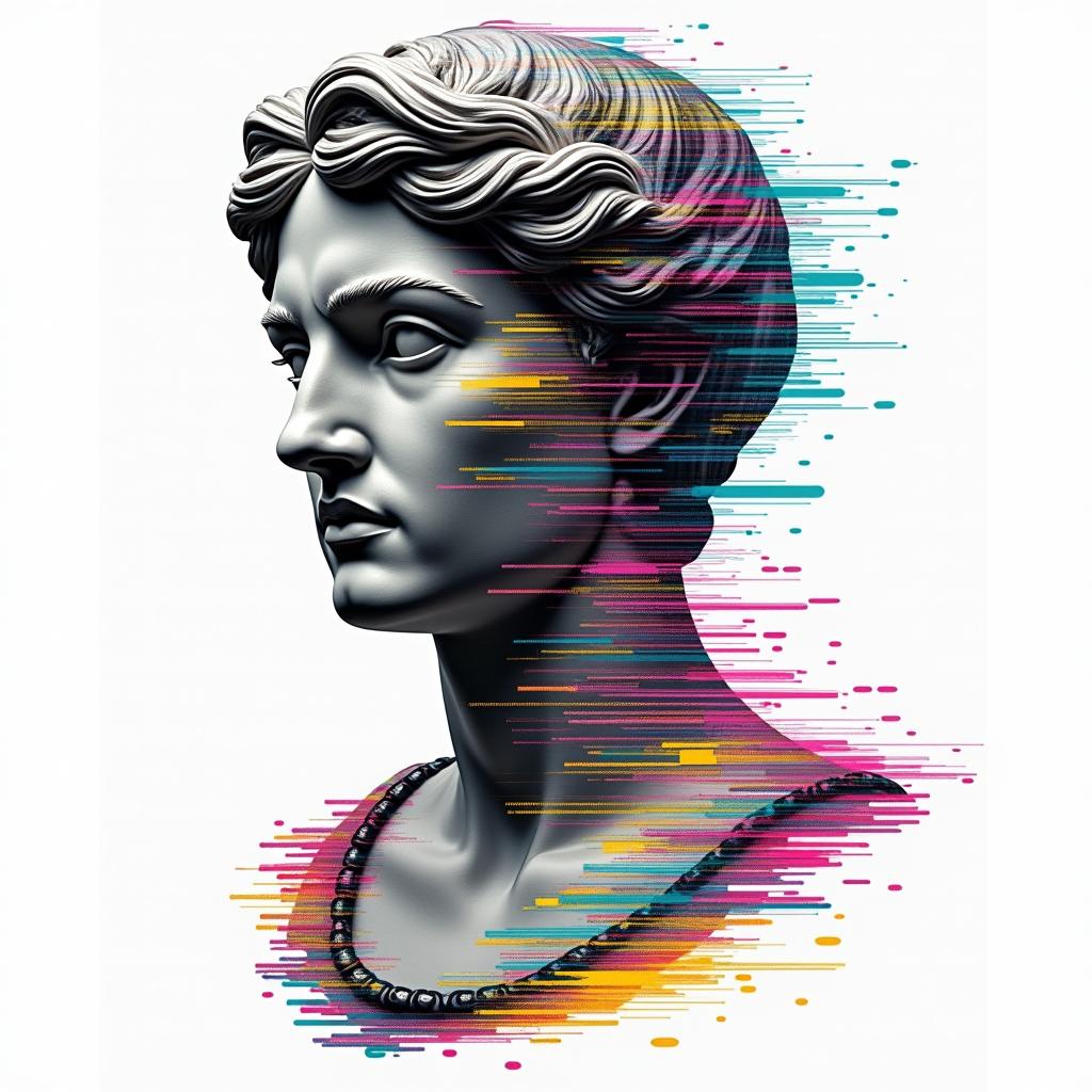 “Sounds by Sanchez” with vinyl record and music notesin distorted and fragmented tattoo design, featuring a classical statue bust, in a glitch art style with vibrant, overlapping colors of cyan, magenta, and yellow, creating a digital distortion effect - Variation 4