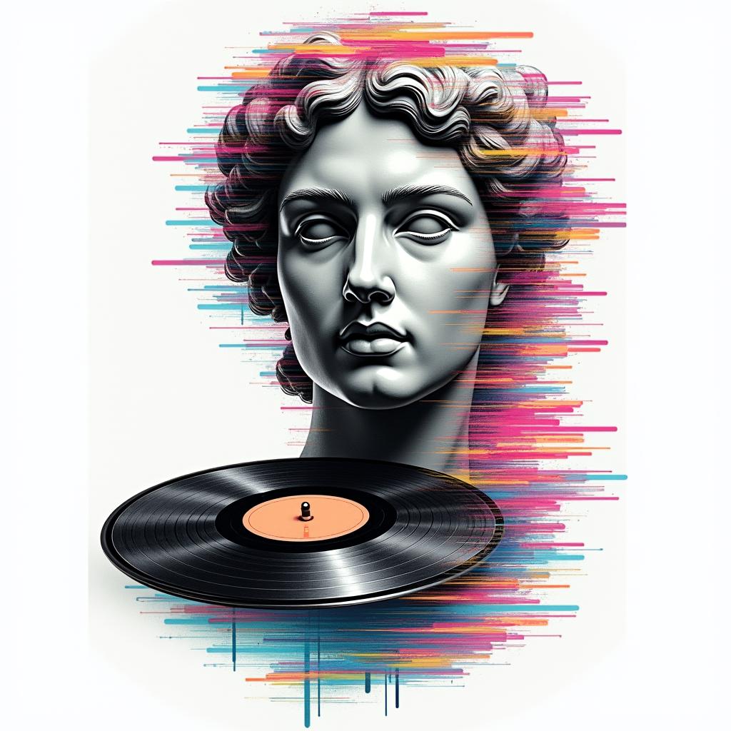 “Sounds by Sanchez” with vinyl record and music notesin distorted and fragmented tattoo design, featuring a classical statue bust, in a glitch art style with vibrant, overlapping colors of cyan, magenta, and yellow, creating a digital distortion effect