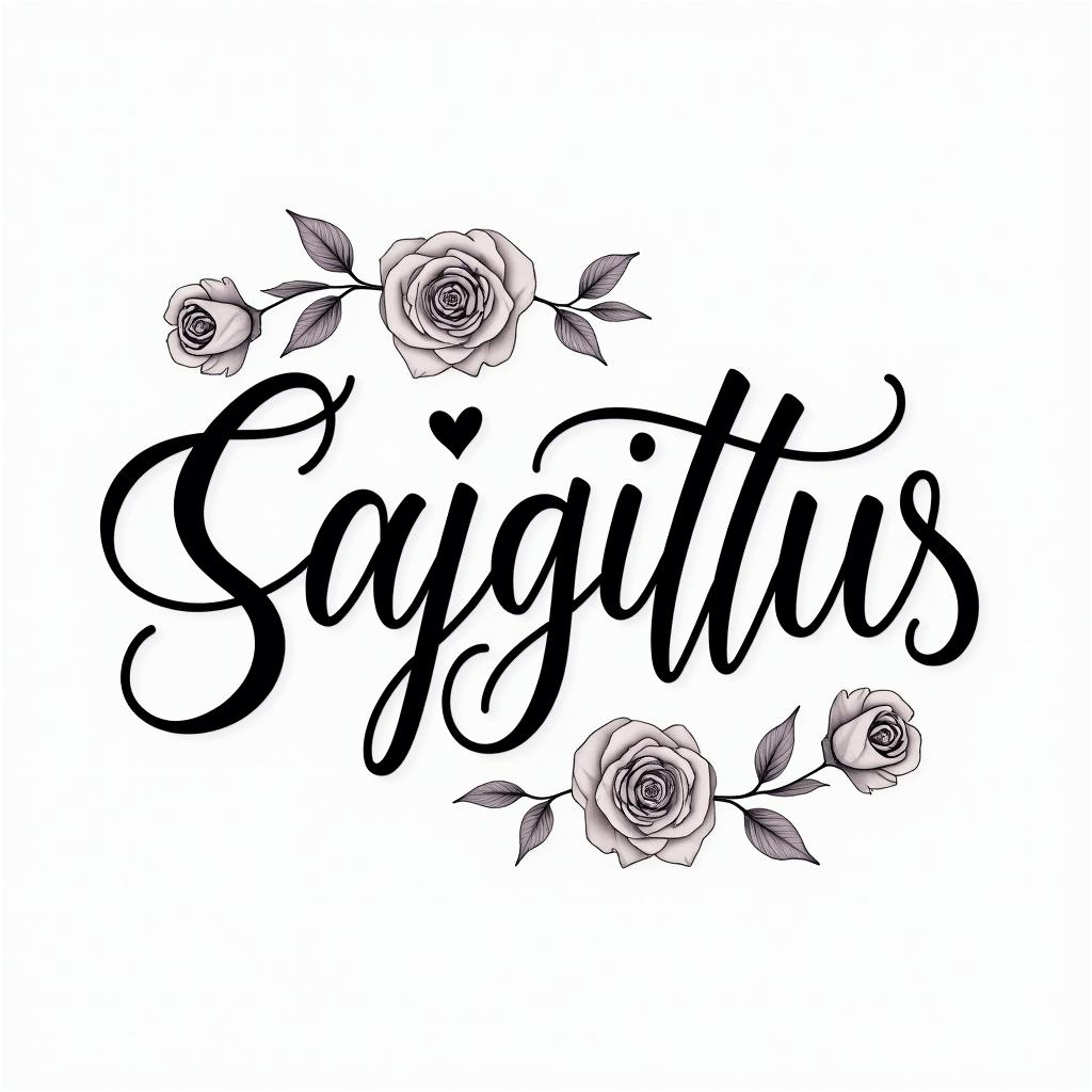 Sagittariusin elegant cursive calligraphy style 2d tattoo, decorate with roses, featuring a smooth and flowing handwritten script with slightly thickened strokes for a luxurious and bold appearance,  heart symbol between names,  sleek and glossy black text with shadowing, minimalist matte white background, clean and sharp edges, illuminated with soft lighting, romantic, 8k, high-quality textures with refined typography - Variation 4