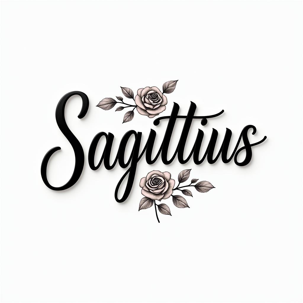 Sagittariusin elegant cursive calligraphy style 2d tattoo, decorate with roses, featuring a smooth and flowing handwritten script with slightly thickened strokes for a luxurious and bold appearance,  heart symbol between names,  sleek and glossy black text with shadowing, minimalist matte white background, clean and sharp edges, illuminated with soft lighting, romantic, 8k, high-quality textures with refined typography - Variation 2
