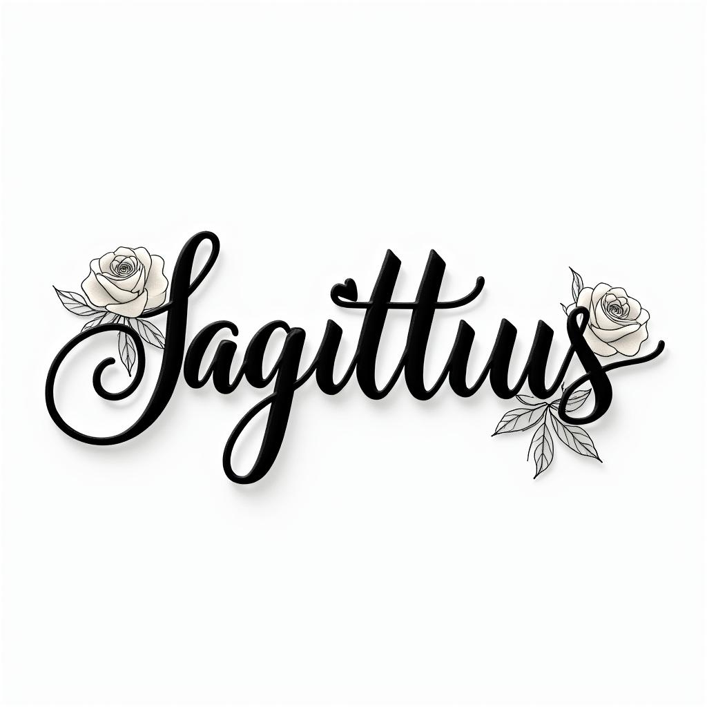 Sagittariusin elegant cursive calligraphy style 2d tattoo, decorate with roses, featuring a smooth and flowing handwritten script with slightly thickened strokes for a luxurious and bold appearance,  heart symbol between names,  sleek and glossy black text with shadowing, minimalist matte white background, clean and sharp edges, illuminated with soft lighting, romantic, 8k, high-quality textures with refined typography