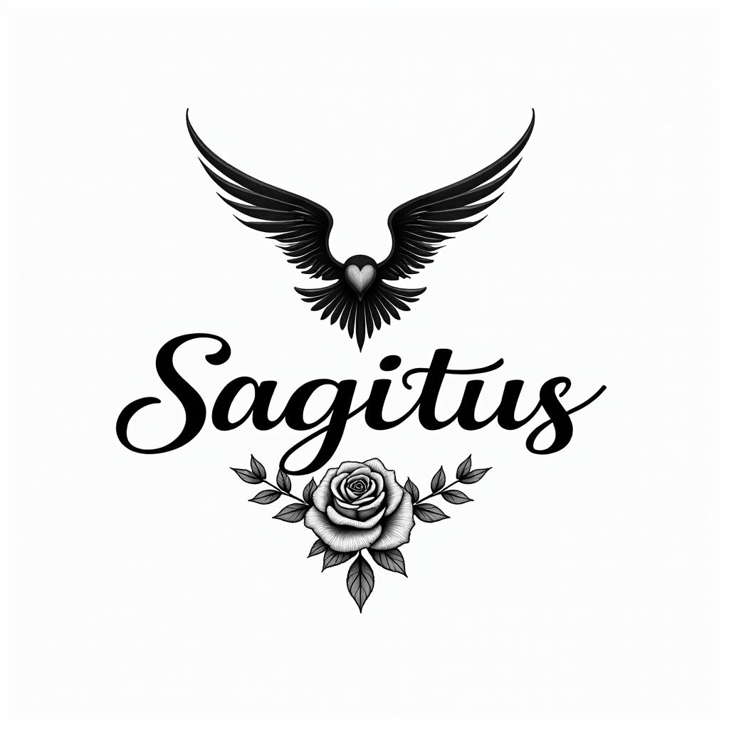 Sagittariusin elegant cursive calligraphy style 2d tattoo, decorate with roses, featuring a smooth and flowing handwritten script with slightly thickened strokes for a luxurious and bold appearance,  heart symbol between names,  sleek and glossy black text with shadowing, minimalist matte white background, clean and sharp edges, illuminated with soft lighting, romantic, 8k, high-quality textures with refined typography - Variation 3