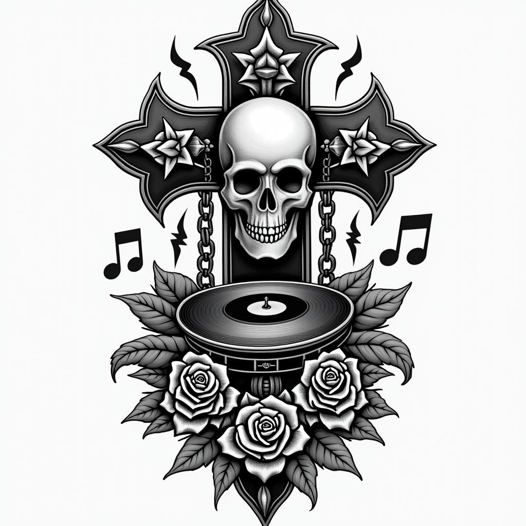 “Sounds by Sanchez” with vinyl record and music notesin chicano style tattoo, featuring intricate black and grey shading, bold elements of traditional chicano culture symbols, add a big cross with skull, chains and roses - Variation 4