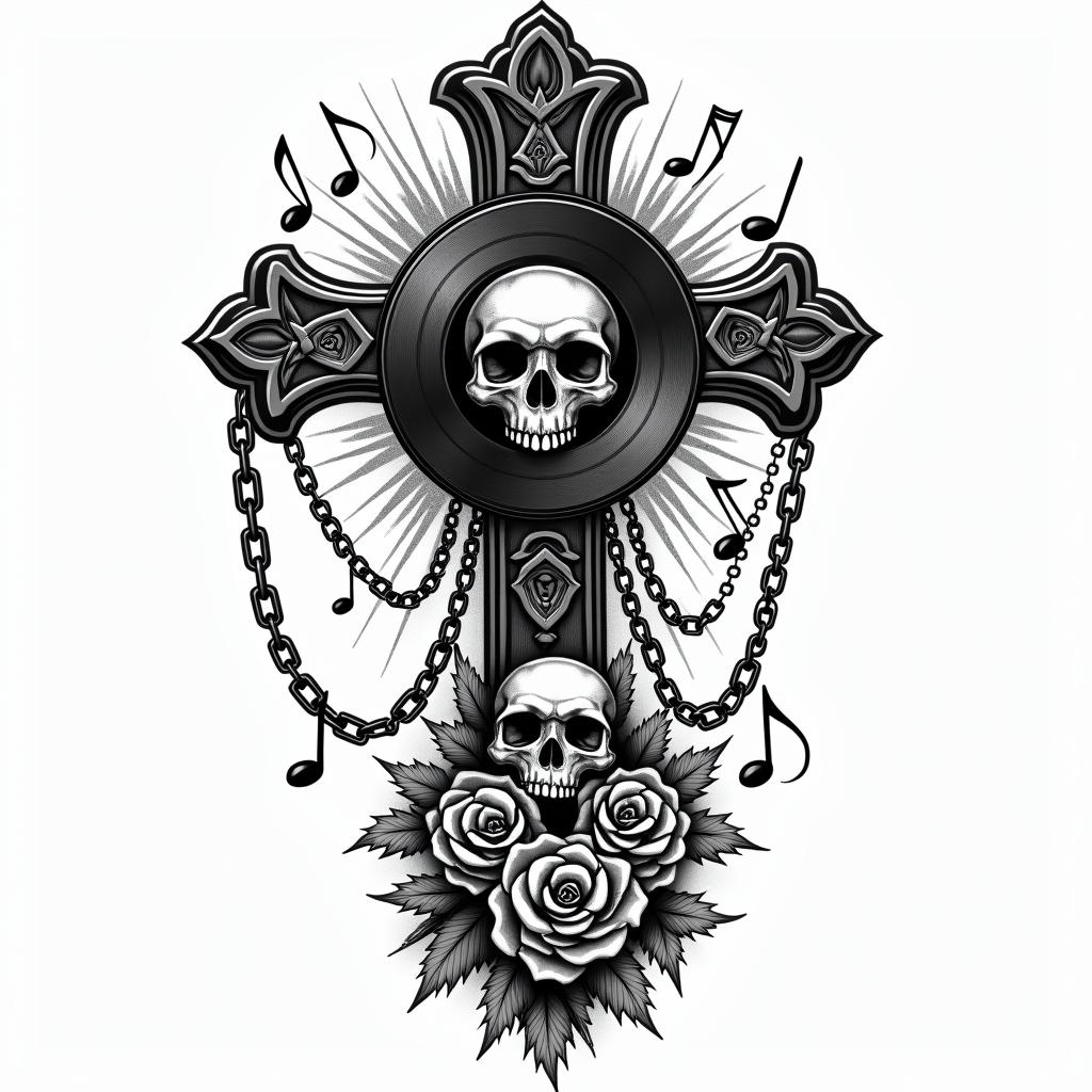 “Sounds by Sanchez” with vinyl record and music notesin chicano style tattoo, featuring intricate black and grey shading, bold elements of traditional chicano culture symbols, add a big cross with skull, chains and roses - Variation 3