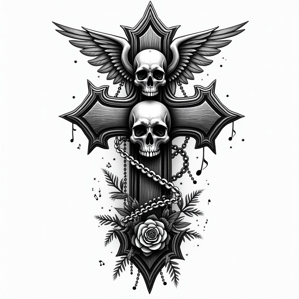 “Sounds by Sanchez” with vinyl record and music notesin chicano style tattoo, featuring intricate black and grey shading, bold elements of traditional chicano culture symbols, add a big cross with skull, chains and roses - Variation 2