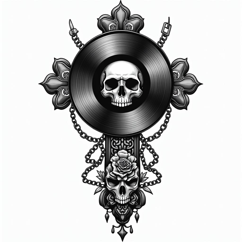 “Sounds by Sanchez” with vinyl record and music notesin chicano style tattoo, featuring intricate black and grey shading, bold elements of traditional chicano culture symbols, add a big cross with skull, chains and roses