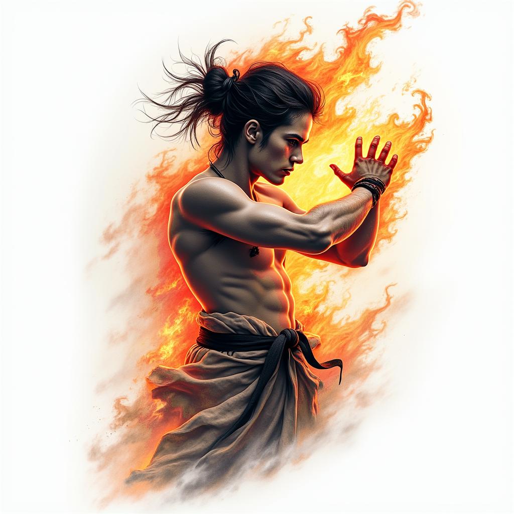Force courage perseverance Gemini karatein flame tattoo style showcasing fiery elements with dynamic flame patterns, glowing effect of flames, natural colors - Variation 1