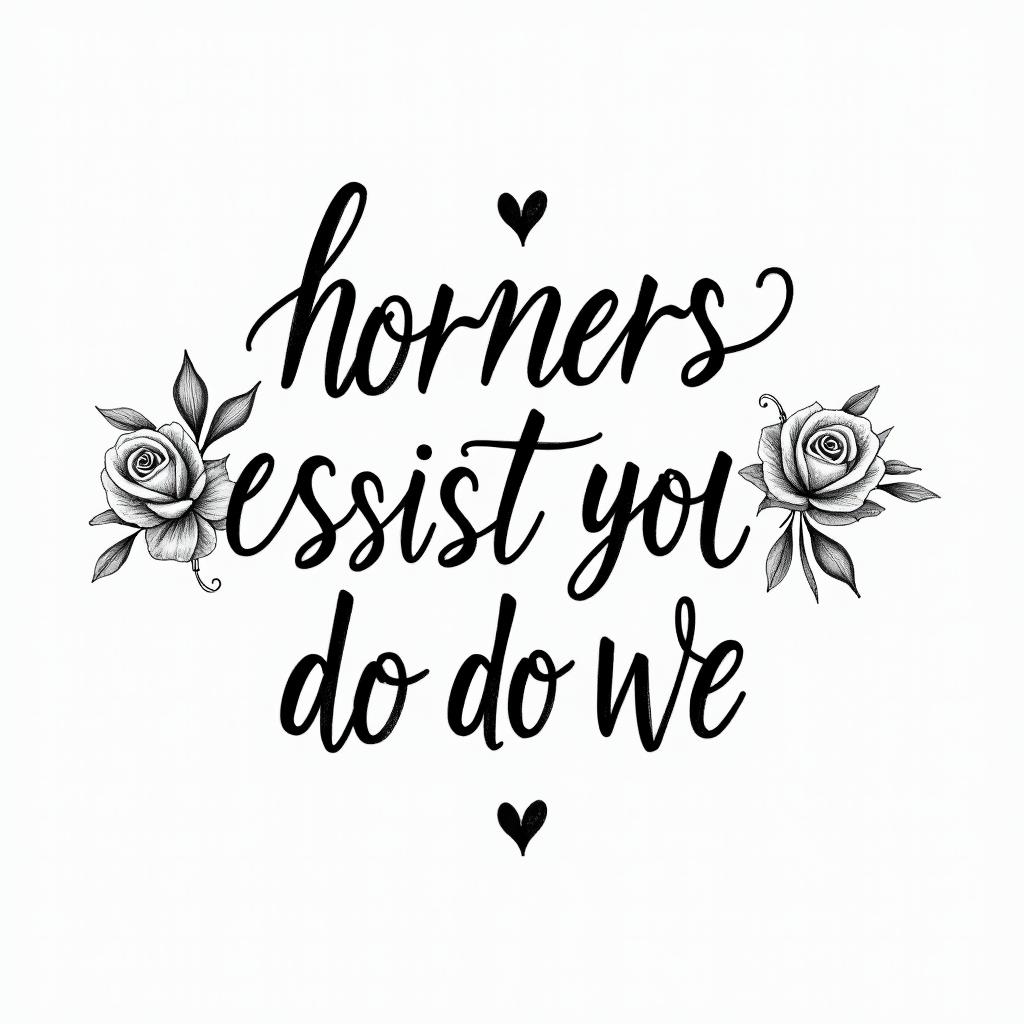 Text tattoo that says “The horrors persist but so do we”. It should be fine and have italic scriptin elegant cursive calligraphy style 2d tattoo, decorate with roses, featuring a smooth and flowing handwritten script with slightly thickened strokes for a luxurious and bold appearance, heart symbol between names, sleek and glossy black text with shadowing, minimalist matte white background, clean and sharp edges, illuminated with soft lighting, romantic, 8k, high-quality textures with refined typography - Variation 4