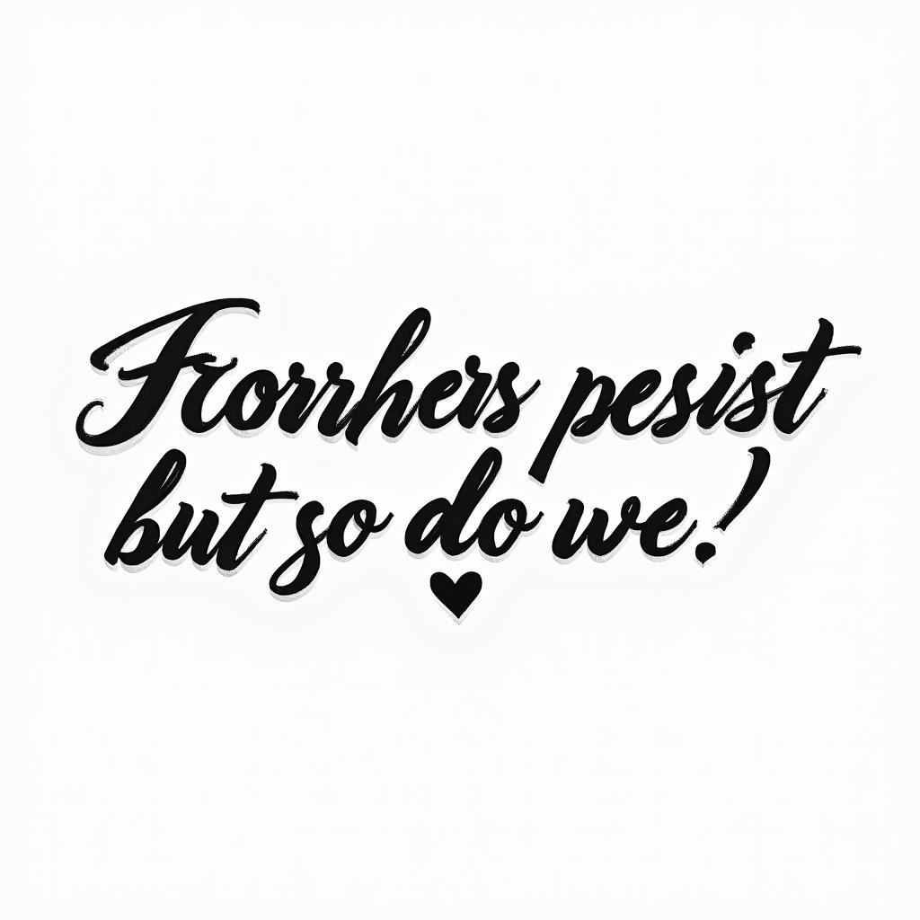 Text tattoo that says “The horrors persist but so do we”. It should be fine and have italic scriptin elegant cursive calligraphy style 2d tattoo, decorate with roses, featuring a smooth and flowing handwritten script with slightly thickened strokes for a luxurious and bold appearance, heart symbol between names, sleek and glossy black text with shadowing, minimalist matte white background, clean and sharp edges, illuminated with soft lighting, romantic, 8k, high-quality textures with refined typography - Variation 2