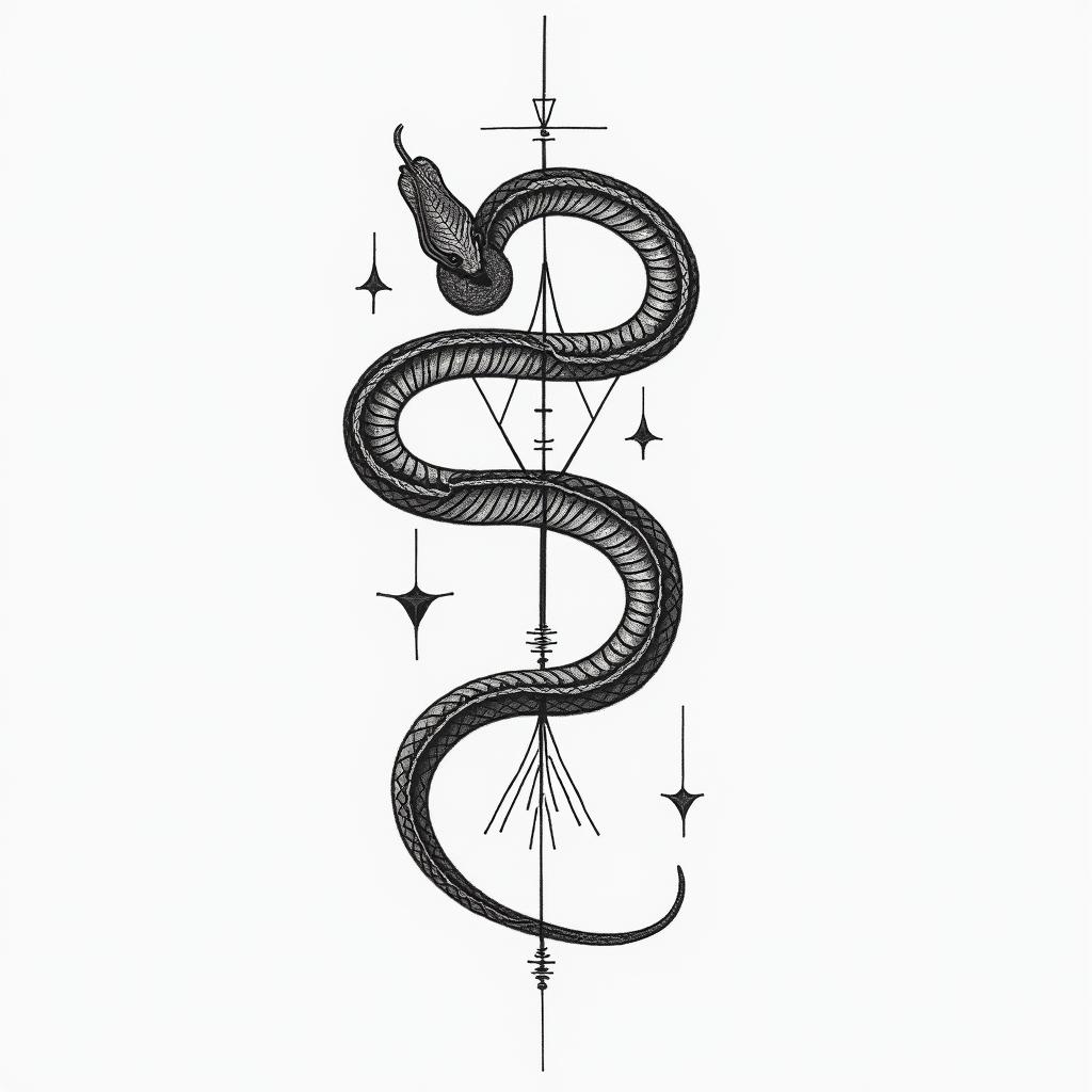Snake around neckin minimalist style tattoo, featuring simple shapes and fine lines, with minimal shading and details, tiny triangles, creating a sense of balance and harmony - Variation 7