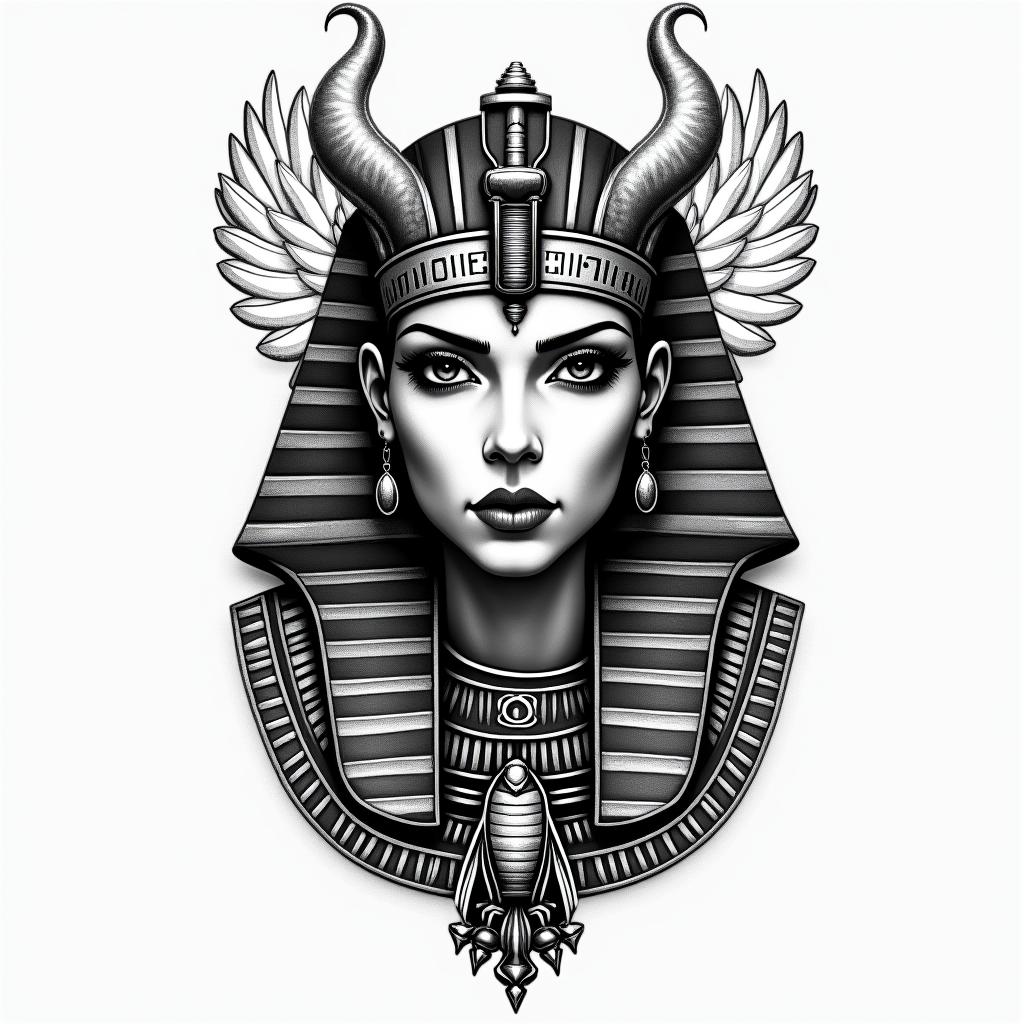 Apocalypse, strong, woman, survivor, pretty, invincible, horrorin egyptian style tattoo, bold elements of ancient egyptian culture including a portrait of an Egyptian pharaoh with detailed facial features, in hieroglyphs and symbolic imagery, eye of horus, ankh symbol, scarab beetle - Variation 3