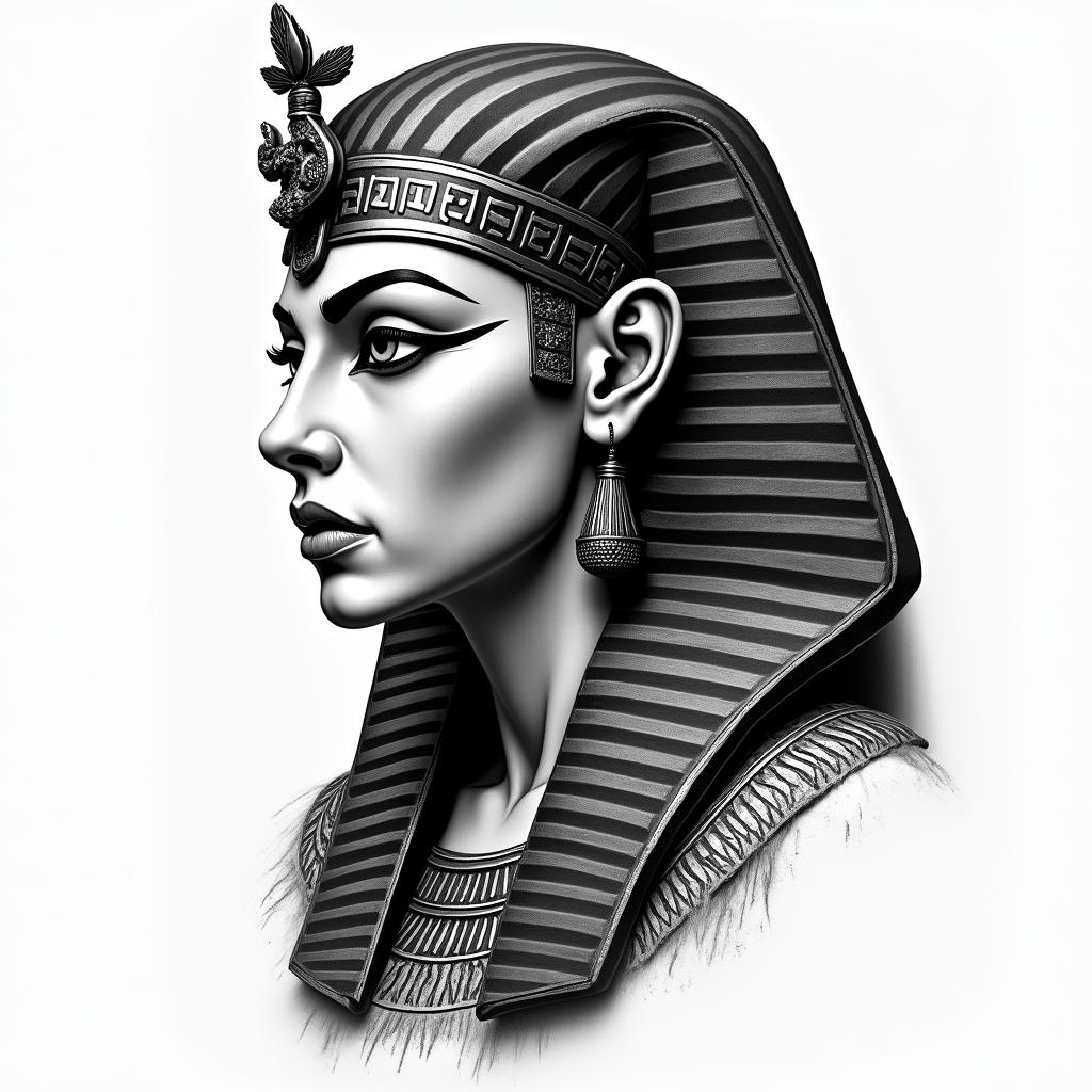 Apocalypse, strong, woman, survivor, pretty, invincible, horrorin egyptian style tattoo, bold elements of ancient egyptian culture including a portrait of an Egyptian pharaoh with detailed facial features, in hieroglyphs and symbolic imagery, eye of horus, ankh symbol, scarab beetle - Variation 2