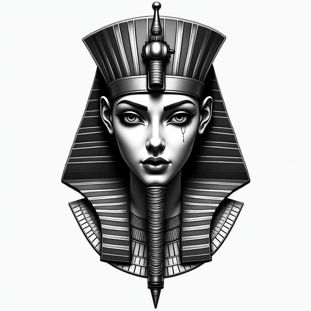 Apocalypse, strong, woman, survivor, pretty, invincible, horrorin egyptian style tattoo, bold elements of ancient egyptian culture including a portrait of an Egyptian pharaoh with detailed facial features, in hieroglyphs and symbolic imagery, eye of horus, ankh symbol, scarab beetle