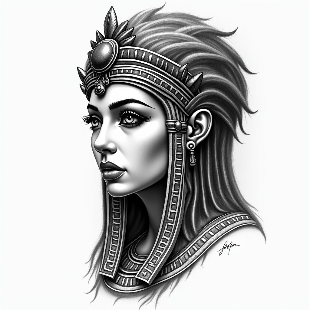 Apocalypse, strong, woman, survivor, pretty, invincible, horrorin egyptian style tattoo, bold elements of ancient egyptian culture including a portrait of an Egyptian pharaoh with detailed facial features, in hieroglyphs and symbolic imagery, eye of horus, ankh symbol, scarab beetle - Variation 4