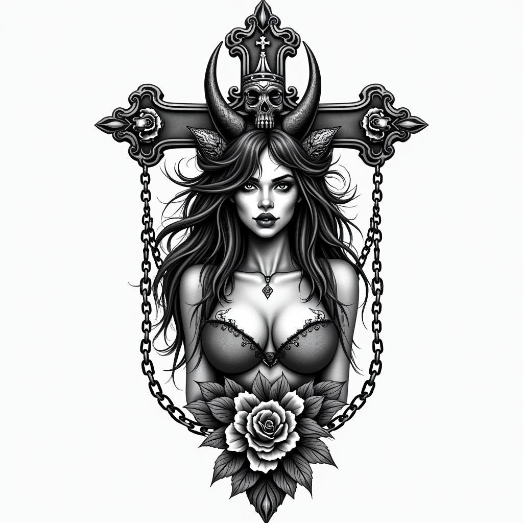 A pestering female devil who tempts me and has a lot of fun with herin chicano style tattoo, featuring intricate black and grey shading, bold elements of traditional chicano culture symbols, add a big cross with skull, chains and roses