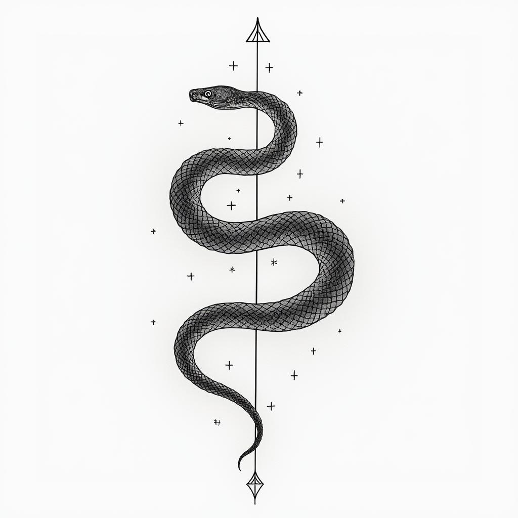 Snake around neckin minimalist style tattoo, featuring simple shapes and fine lines, with minimal shading and details, tiny triangles, creating a sense of balance and harmony - Variation 3