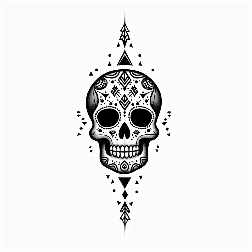 Mayan, sugar skullin minimalist style tattoo, featuring simple shapes and fine lines, with minimal shading and details, tiny triangles, creating a sense of balance and harmony - Variation 7